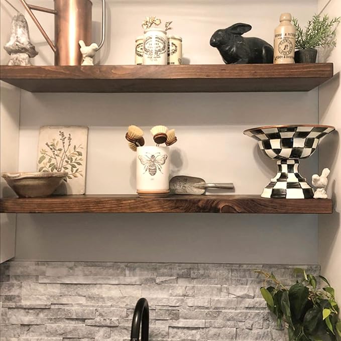 URBANDI, Rustic Floating Shelves, Set of 2, Hidden Bracket, Solid Wood, Heavy Duty, Wall Mounted Shelves, (Provincial, 60Wx10D)