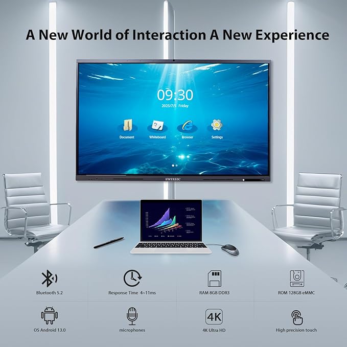 Smart Board 65 Inch Interactive Whiteboard, 4K UHD Touch Screen Digital Board with 20MP Camera, Built-in Android OS for Conference, Office, Teaching - Mount Included