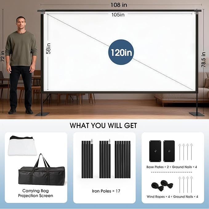 Projector Screen with Stand, 120 Inch Indoor Outdoor Portable Projection kit All-Metal Frame Wrinkle-Free 16:9 4K HD Front/Rear Movie Screen with Carry Bag for Home Theater Backyard Movie Night