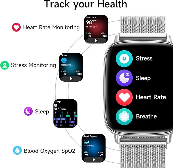 Smart Watch for Men Women, 1.85" HD Smartwatch Compatible iPhone/Samsung/Android (Answer/Make Calls), 100+ Sport Modes Fitness Tracker with Heart Rate/Sleep/SpO2 Monitor, IP68 Waterproof, Metal Band