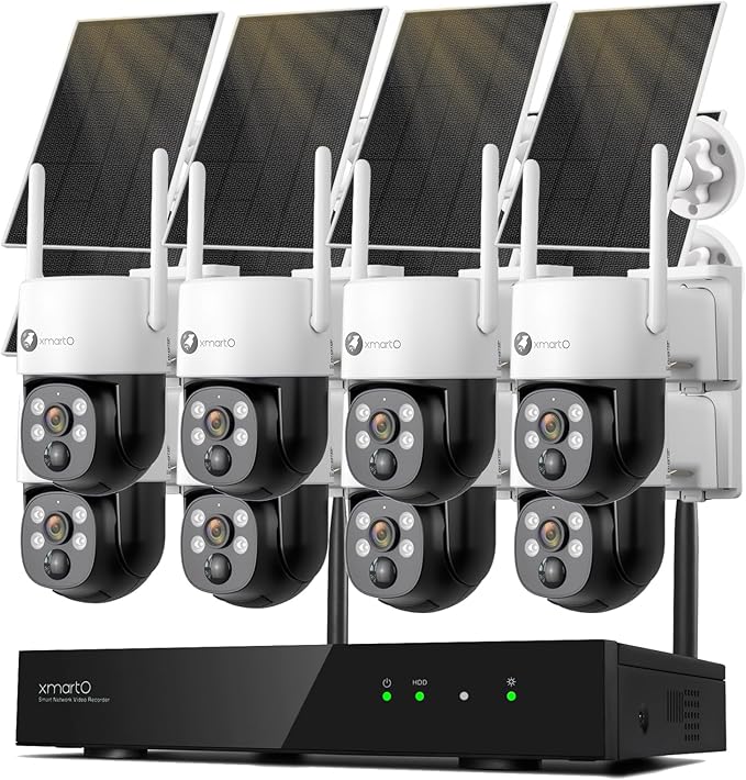 xmartO Wire-Free PTZ Solar Home Security Camera System Wireless, 8-Set 2K 4MP QHD CCTV Camera Kit with 4k 10CH Expandable Wi-Fi 6 NVR, All-Weather Solar Charge