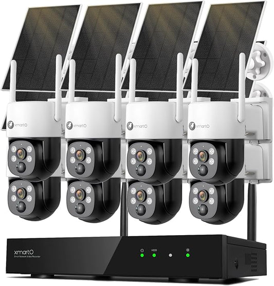 xmartO Wire-Free PTZ Solar Home Security Camera System Wireless, 8-Set 2K 4MP QHD CCTV Camera Kit with 4k 10CH Expandable Wi-Fi 6 NVR, All-Weather Solar Charge