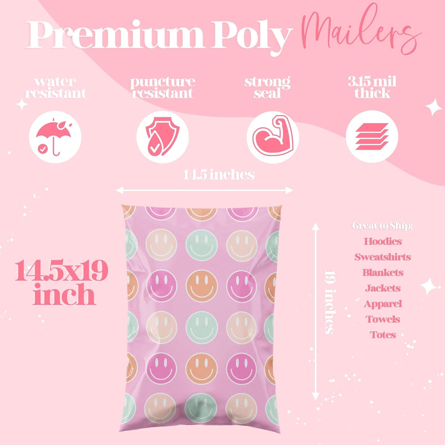 14.5x19 Designer Poly Mailer 100 Pack Heavy Duty Waterproof Self Seal Shipping Bags for Small Business Large Mailing Envelopes Bulk Tear Resistant Cute Packaging Smiley Face