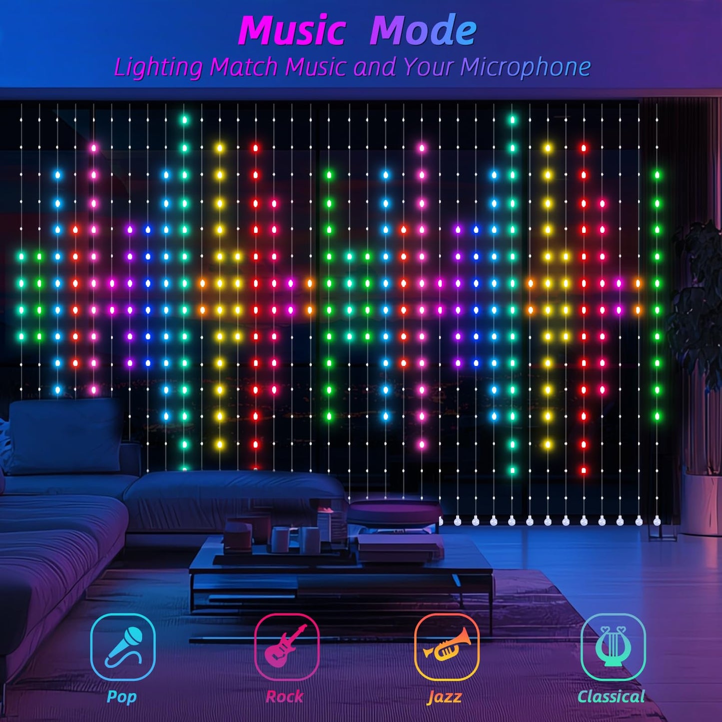 VOXPOA Smart LED Curtain Lights, Color Changing String Lights, 5.25x5.25ft, Multicolour, Model HCL-002