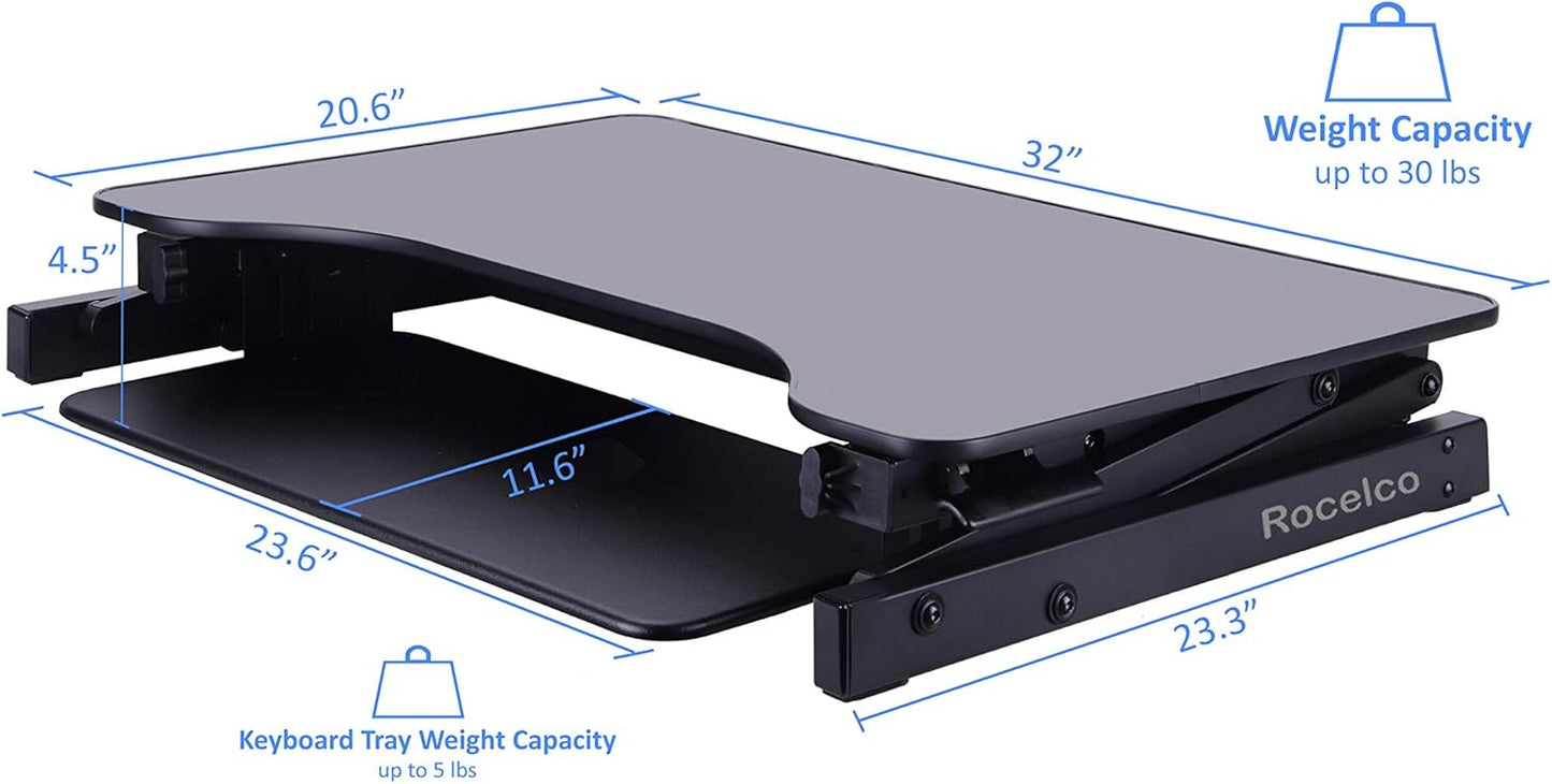 Rocelco 32" Height Adjustable Standing Desk Converter - Slide Out Retractable Keyboard Tray - Sit Stand Up Double Monitor Riser - Dual Piston Lift Assist Tabletop Computer Workstation - Black (R ADRB)