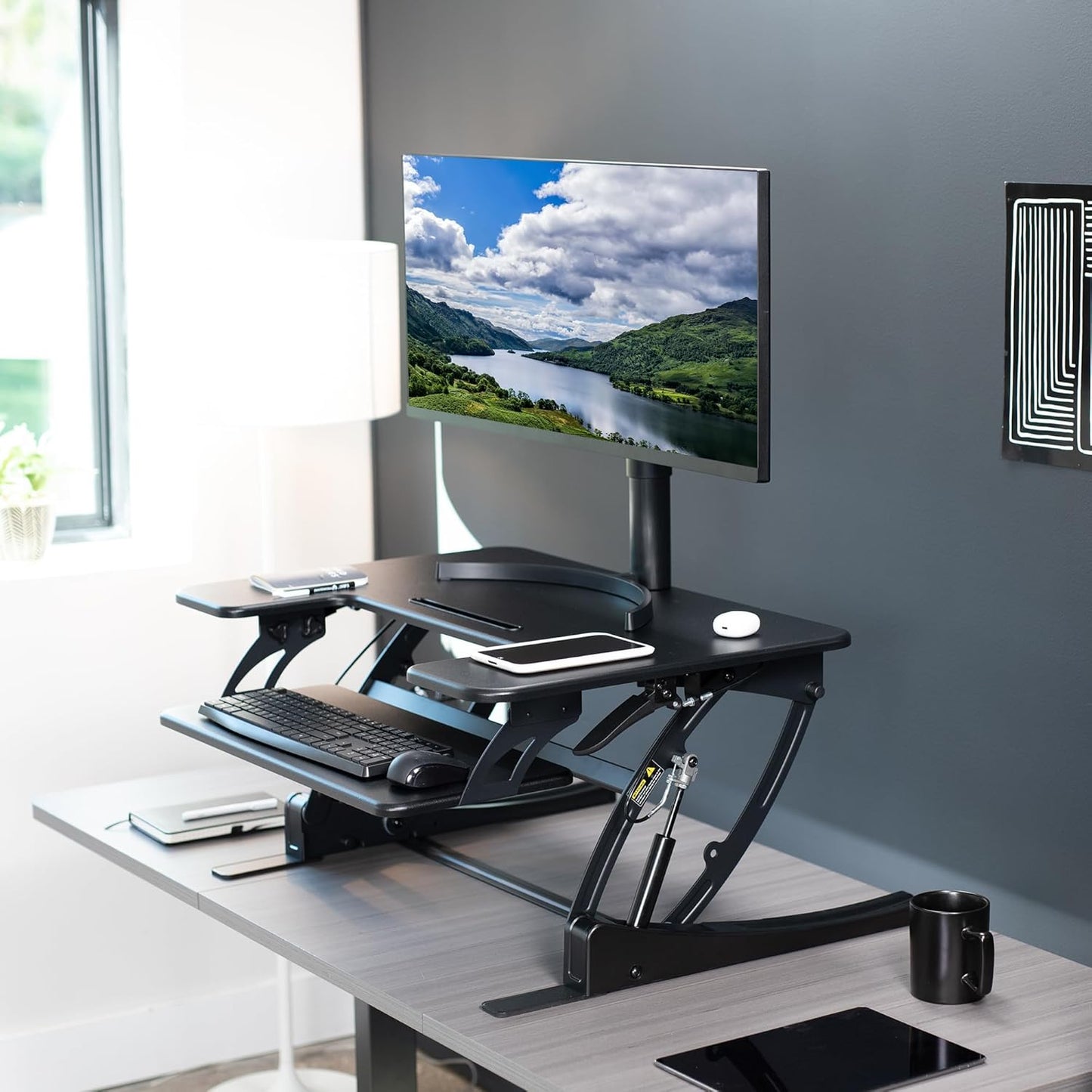 VIVO 32 inch Height Adjustable Stand Up Desk Converter, V Series, Quick Sit to Stand Tabletop Dual Monitor Riser Workstation, Black, DESK-V000VS