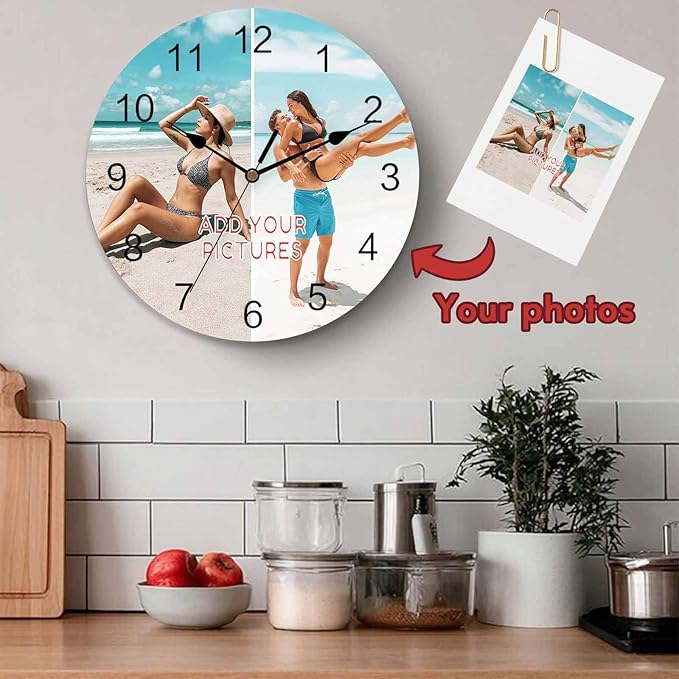 Personalized Clocks with Picture/Text, Custom 2 Photo Silent Wall Clock Non Ticking for Bedroom, Living Room, Kitchen, Office, Customized Anniversary Valentine's Day Gifts (10", 12", 14")