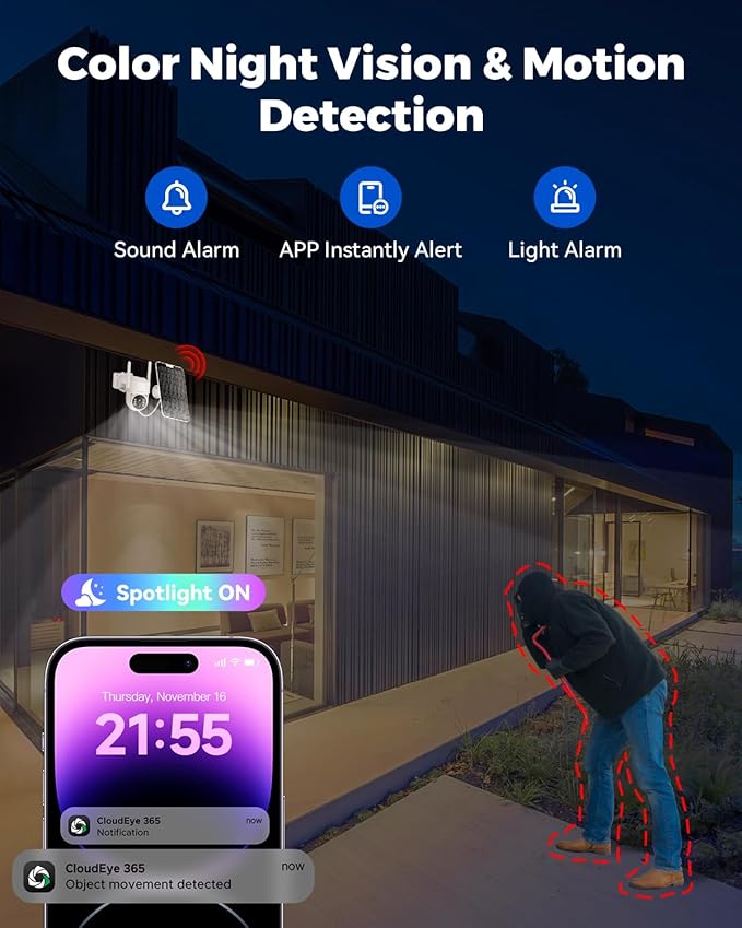 Camcamp Solar Security Cameras Wireless Outdoor, Home Security Camera System with 7" Touchscreen Monitor, Solar-Powered 4MP 4 Cam-Kit, Color Night Vision, 360° View, Pan & Tilt, 2 Way Audio