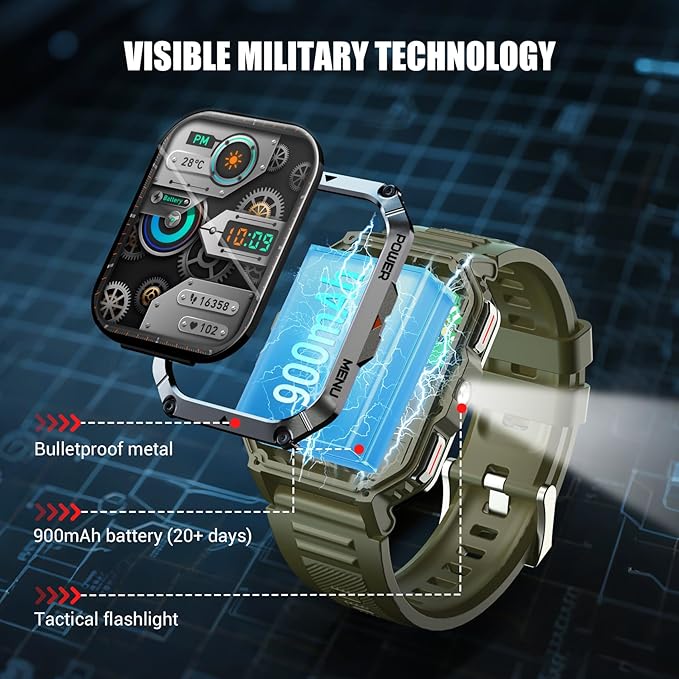 Military Smart Watches for Men，Smart Watch for Android iPhone with Large 2.01"Fitness HD Display/Flashlight/100-Day Battery/Compass/Heart Rate/120+ Sports Modes/IP68 Waterproof Smartwatch （2 Straps)