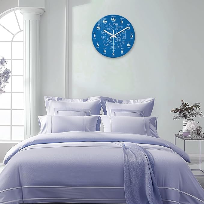 XNM Modern Blue Chemical Clock for Classroom Glass Analog Small Science Wall Clocks Battery Operated 12 Inch Round Silent Wall Clock for Study Room