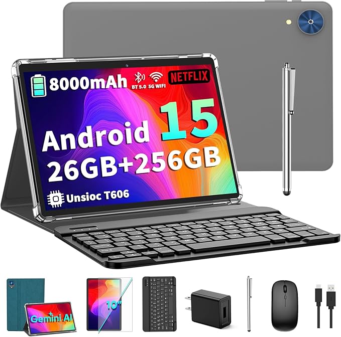 Android 15 Tablet with Keyboard - 26GB+256GB+2TB Expand, Octa-Core, 2.4G/5G Wifi, 8000mAh Battery, Widevine L1, Dual Camera, Face Unlock, 10 Inch 2 in 1 Tablets with Mouse, Stylus (Green Case)