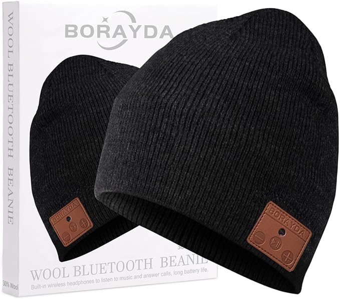 Merino Wool Bluetooth Beanie, HD Stereo,30 Hours Play Time,Built-in Microphone, Men's/Women's Christmas Electronic Gift (Black)