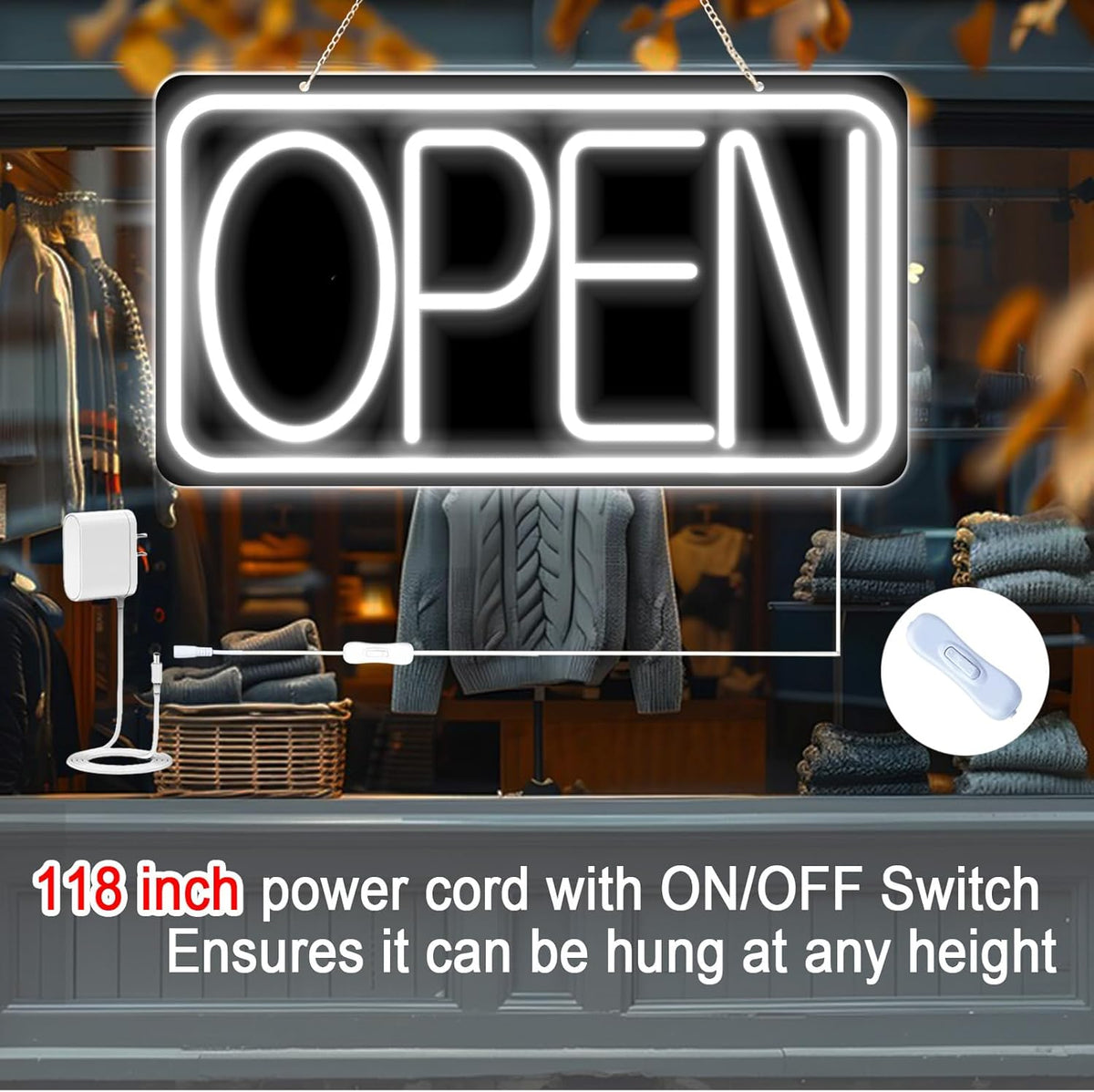 16.5" X 9" Led Neon Open Signs for Business Ultra Bright Plug In Electric Light Up Open Signs with ON/OFF Switch and 12V/2A AC Adapter for Storefront Window Bar Salon Coffee Stores (White)