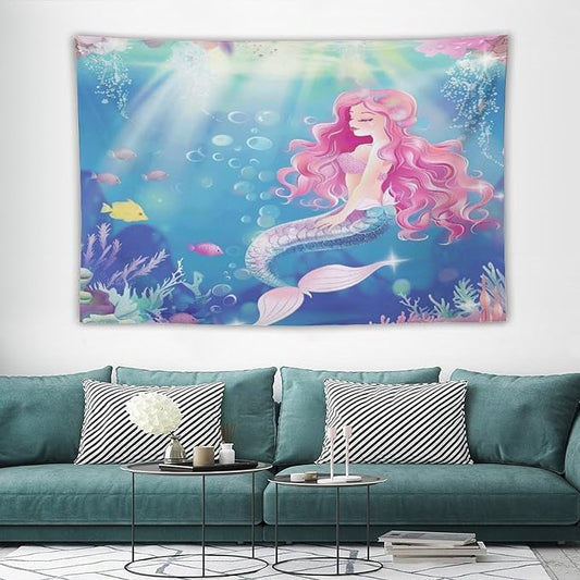 HZOHNAGO Mermaid Girls Tapestry Watercolor Mermaid Princess Pink Hair Pattern for Kids Room Decoration Printed Wall Tapestry Wall Hanging for Bedroom Living Room Dorm 60" W x 40" H