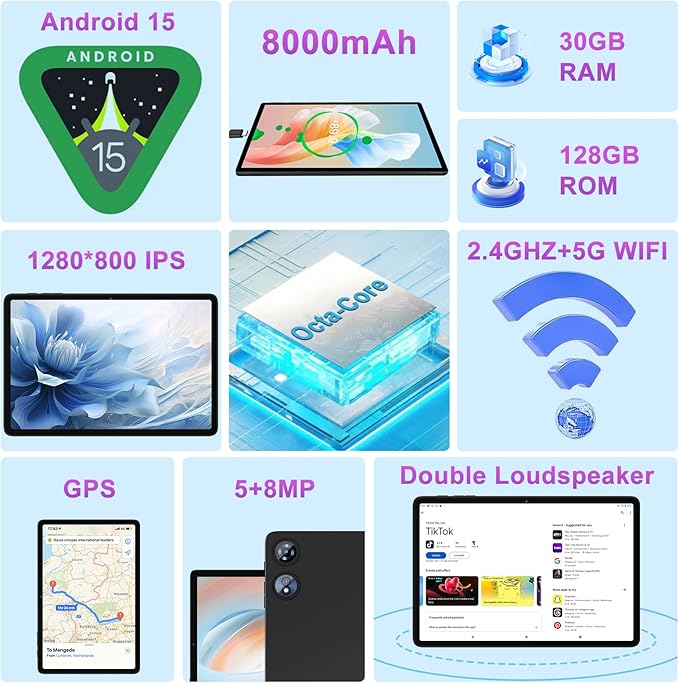 Tablet 10 inch Android 15 Tablets 30GB RAM 128GB ROM 1TB Expand, 8000mAh Octa-Core Tablets with Keyboard Mouse, HD IPS Display, Gemini AI, GPS, 5G WiFi, Widevine L1, Split-Screen - Metal Black