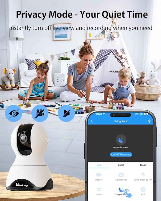 VIMTAG Indoor Pet Camera, 2.5K Dog Camera with Phone App, 360° Pan/Tilt Security Camera Indoor for Home/Nanny/Baby/Cat/Room, Dual-Band WiFi, Night Vision, Motion Tracking, 2-Way Audio, Cloud & SD Card
