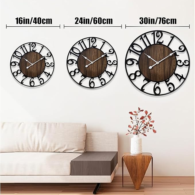 16 Inch Large Wall Clock for Living Room Bedroom Kitchen Mantel Decor, Silent Battery Operated Decorative Non Ticking Metal Round Modern Farmhouse Arabic Numerals Big Clock Wall Decor