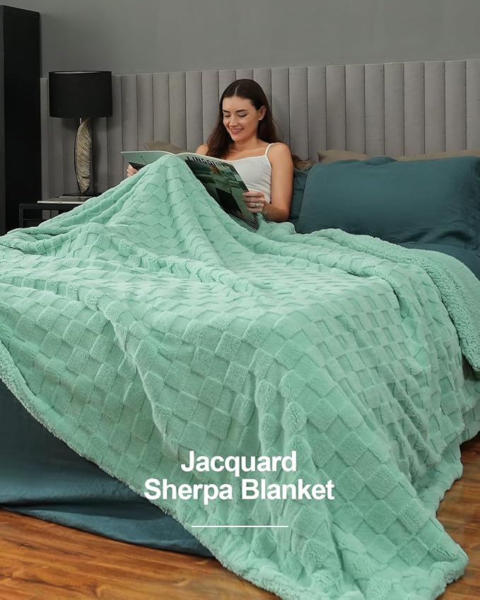 Pawque Super Soft Cozy Throw Blanket Twin Size for Couch Bed, Fluffy Sherpa Fleece Reversible Thick Warm Fuzzy Blanket for All-Season, 3D Checkered Jacquard Decorative Blankets, Sage Green, 60"x80"