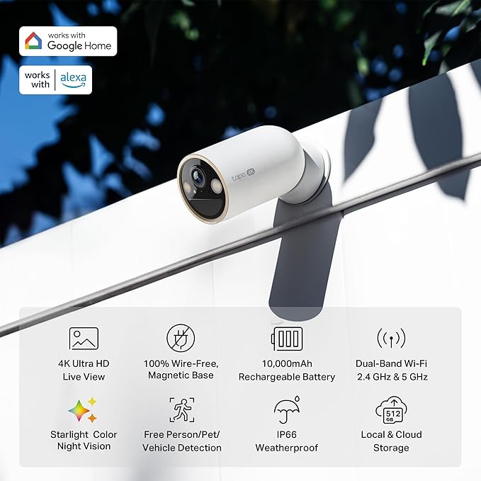 Tapo 4K Ultra HD Outdoor Battery Security Camera – Up to 200 Day Battery, Free Person/Vehicle Detection, Starlight Color Night Vision, Works w/Alexa and Google Assistant, MagCam 4K
