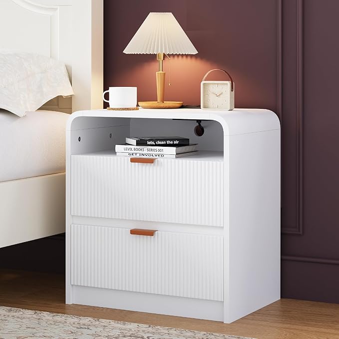 FURSUN 24" Fluted Nightstand with Charging Station, Wooden End Table with 2 Drawers Storage, Curved Profile Design, Modern Bedside Cabinet for Bedroom Living Room, White