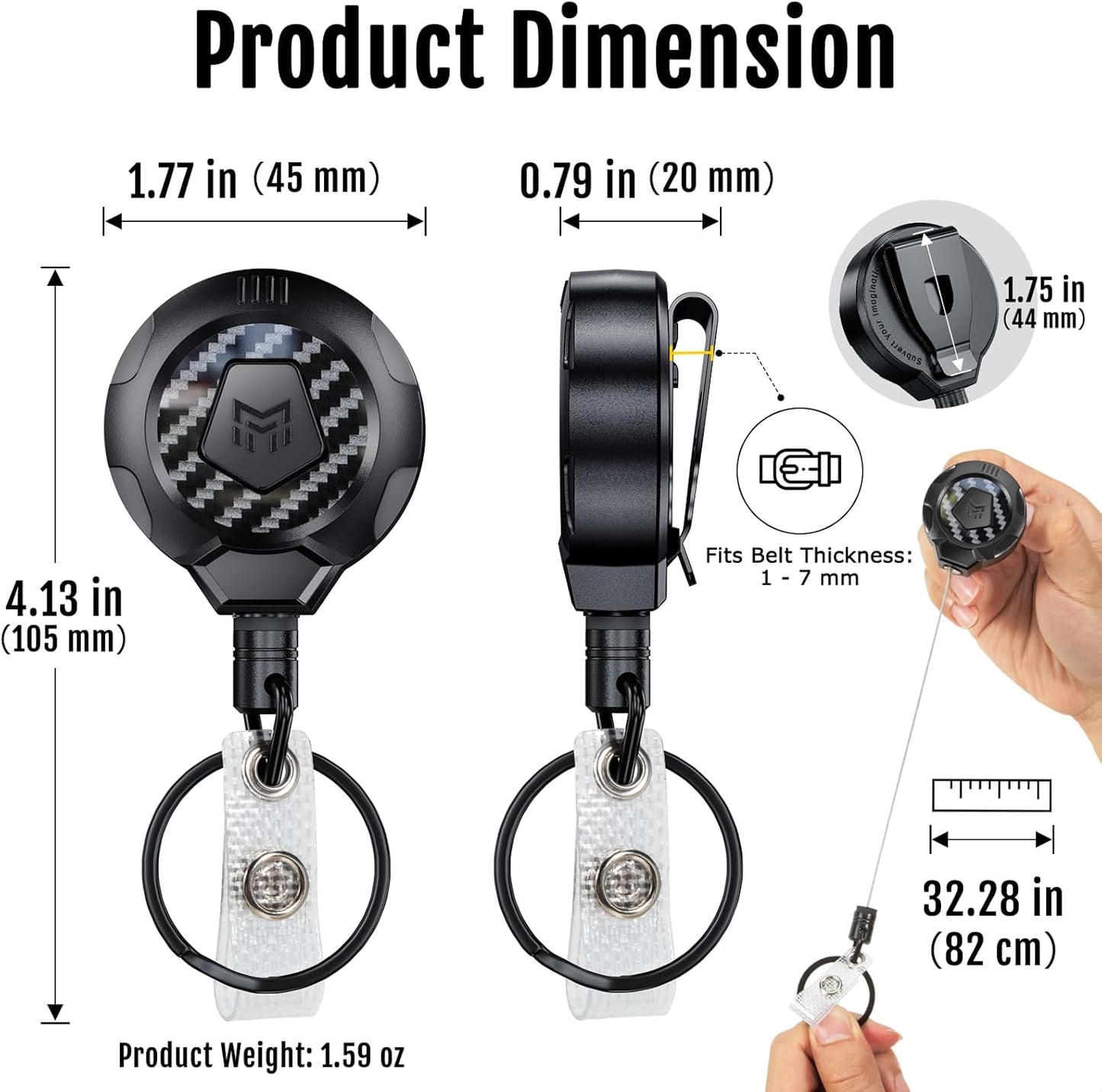 MNGARISTA Upgraded Heavy Duty Retractable Keychain with Belt Clip, 10 OZ Retraction, 31.5" Stainless Steel Cord, 3K Carbon Fiber ID Badge Reel with Badge Strap and Key Ring