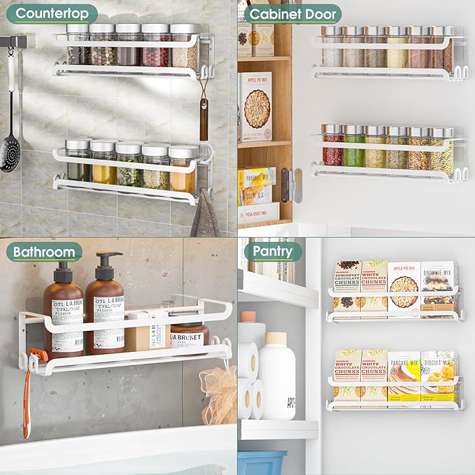 LUCYCAZ 4 Pack Wall Mounted Spice Rack with 16 Hooks, Spice Organizer Shelf for Stove Cabinet Pantry Door,Screw or Adhesive Spice Shelf Hanging Wall Spice Rack in Kitchen and RV (White, 4 PACK)