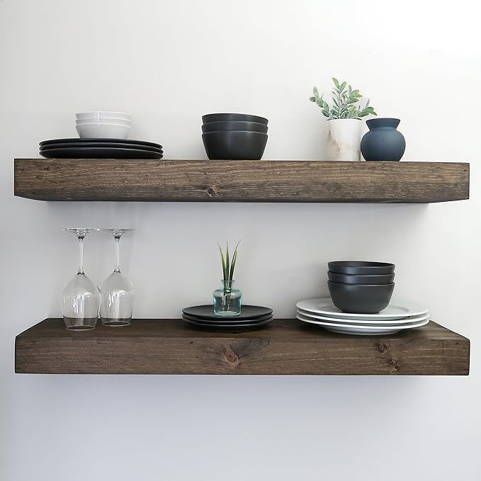 Modern Floating Shelves 3 Inches Thick for Wall, Wide Shelves for Kitchen, Living Room, Bedroom, and Bathroom, Natural Pine Wood, Rustic Wooden Shelf, (Set of 2) (Jacobean, 60Lx3Hx6D)