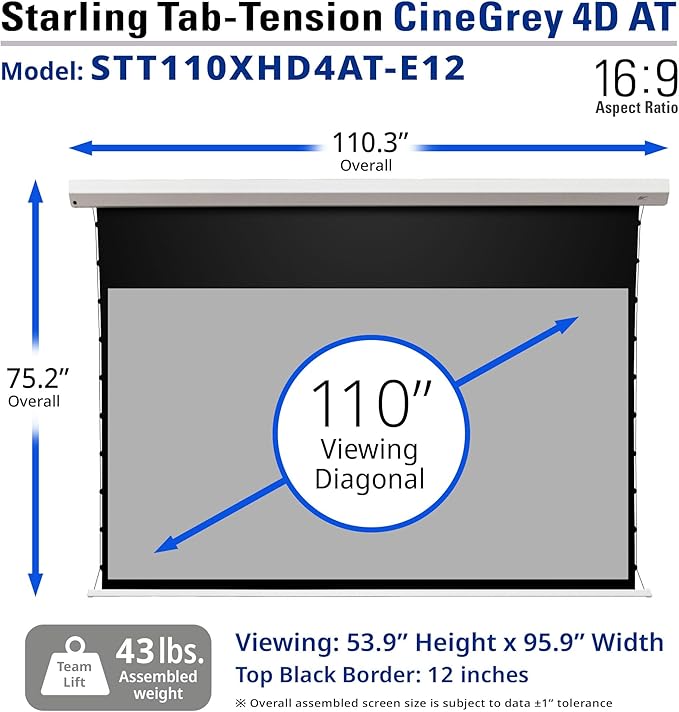 Elite Screens 110-Inch Motorized Projector Screen 16:9, CineGrey 4D at CLR/ALR, Acoustically Transparent, ISF Certified, Tab-Tensioned Electric Drop Down for Home Theater, STT110XHD4AT-E12