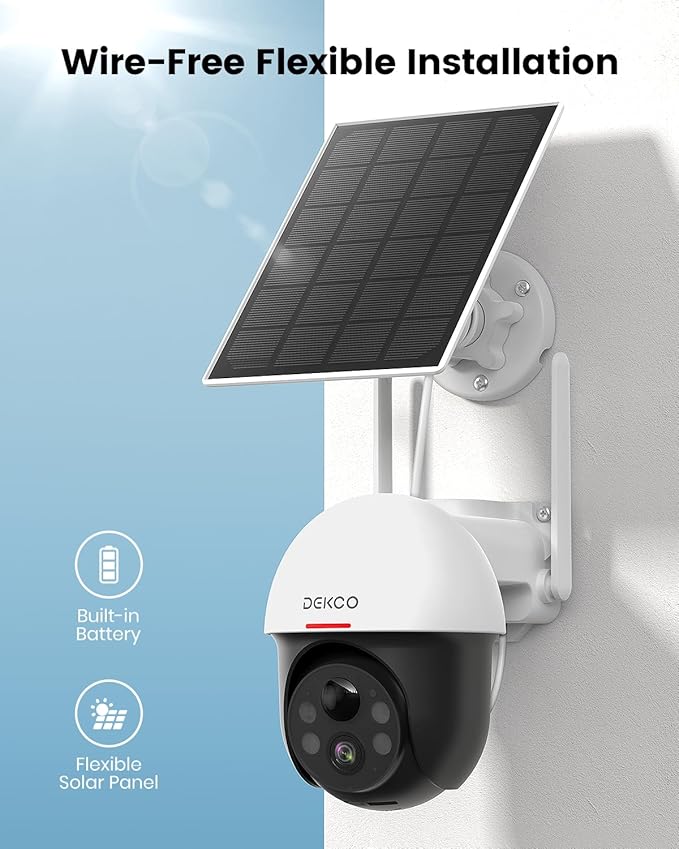 DEKCO Security Cameras Wireless Outdoor, Solar Powered, Panoramic PTZ, Auto Motion Tracking, True 2K, Color Night Vision, Spotlights, 2-Way Talk, 2 Pac