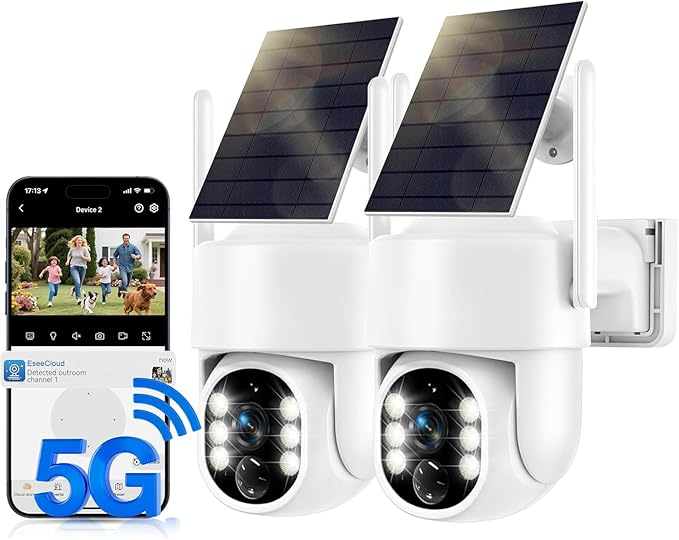 Solar Security Cameras Wireless Outdoor, 5G/2.4GHz WiFi Outdoor Security Camera for Home Security, Solar/Battery Powered Security Camera, Human Detection, Color Night Vision 2-Pack