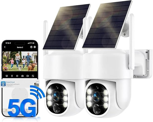 Solar Security Cameras Wireless Outdoor, 5G/2.4GHz WiFi Outdoor Security Camera for Home Security, Solar/Battery Powered Security Camera, Human Detection, Color Night Vision 2-Pack