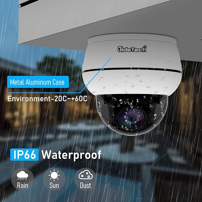 JideTech 10X Hybrid Zoom Outdoor 4K PTZ PoE IP Dome Camera, Auto Tracking, Pan Tilt Security Camera with IR Night Vision, Human/Vehicle Detection, Two Way Talk, SD Card Slot,IP66, for Onvif NVR