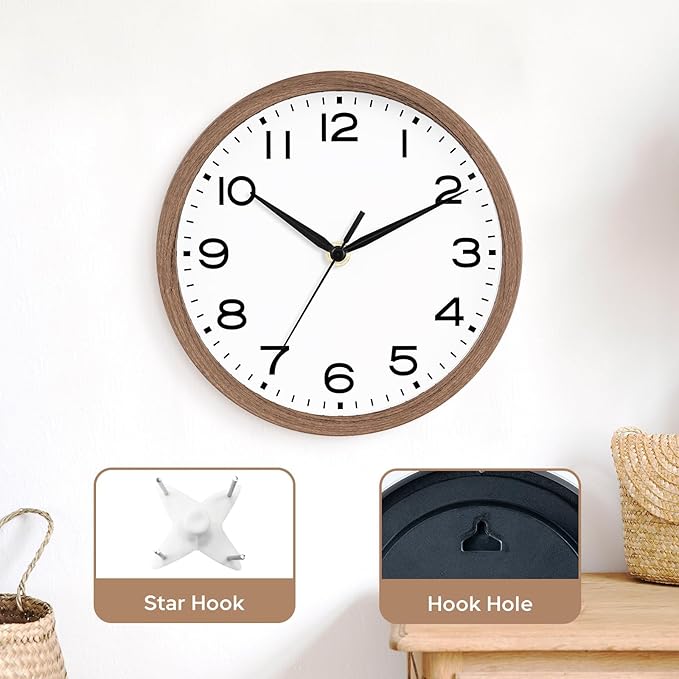 AKCISOT Wall Clock, Modern Small Wall Clocks Battery Operated 8 Inch, Silent Non-Ticking Analog Classic for Office, Home, Bathroom, Kitchen, Bedroom, School(Walnut Grain)