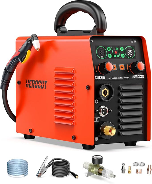 Plasma Cutter, 35Amps HEROCUT Plasma Cutter Machine CUT35i, Screen Display 110V High-Frequency IGBT Inverter Technology Post Flow and 2T/4T, Max Cutting Thickness 10mm for Beginners DIY