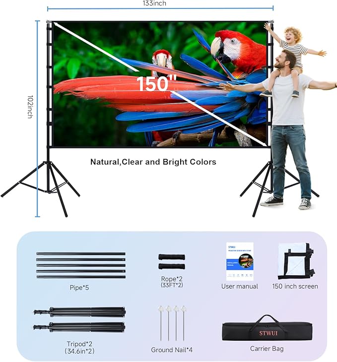 Projector Screen with Stand - 150 Inch Portable Projector Screens Outdoor Indoor Projector Screen 16:9 4K HD Outdoor Movie Screen with Carry Bag,Enioy Home Theater Projection Screen