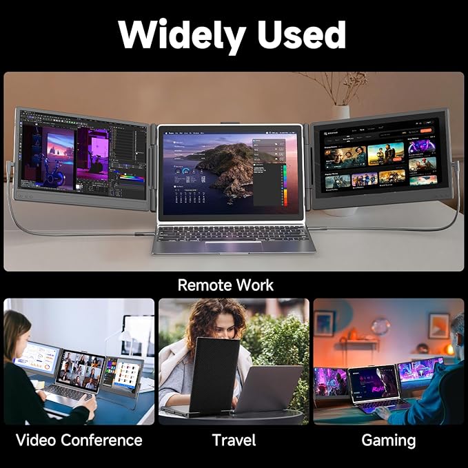 Triple Laptop Screen Extender, Upgraded 14" 1080P FHD IPS Laptop Monitor Extender, Plug & Play LCD Type-C/USB-A/HDMI Travel Monitor for Laptops 13"-17", Fits Windows Mac Linux Chrome