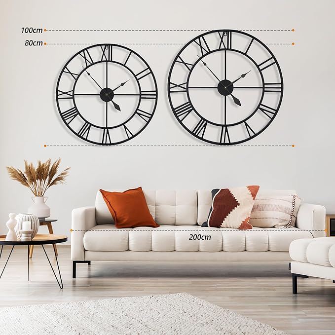 40 Inch Large Wall Clock, Oversized Modern Round, Black Metal, Noiseless, Almost Non-Ticking Battery Operated, Roman Numerals, Clocks for Living Room, Bedroom, Wall Clock Decoration