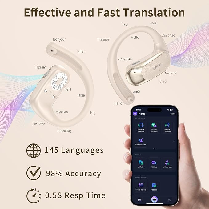 AI Translation Earbuds Real Time, 145 Language Translator Earbuds, Open-Ear Bluetooth 5.4, No Subscription, 60H, USB-C Fast Charge, Translation Headphones for Business Travel Learning (Ivory White)