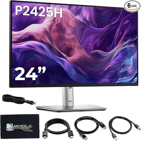 ANYHDD Dell P2425H Computer Monitor Screen 24" 16:9 IPS Display with Stand - 1 Year Warranty, 100Hz Full HD, 1920 x 1080 with Power Cable, DisplayPort, HDMI, USB 3.0 Upstream Cable & Cloth - New