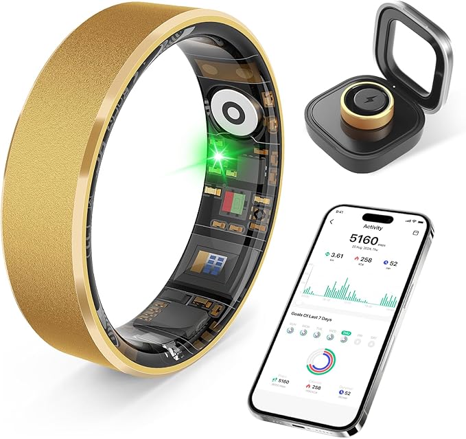 Smart Health Ring, Featuring Stress and Sleep Monitoring Functions, Compatible with iOS and Android, Waterproof Fitness Tracker for Women & Men, No Subscription Fee. (Gold, 7)