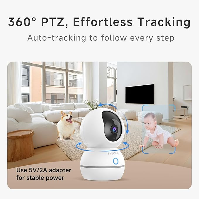 Noorio Security Camera Indoor, 4MP UHD Pet/Dog Camera 360-Degree for Home Security, One-Touch Call, Auto Motion Tracking, Night Vision, 2.4G Only
