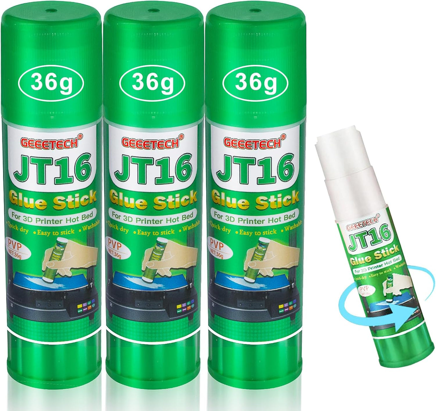 3D Printer Glue Sticks, 36 Grams Each PVP Solid Glue Sticks for Hot Bed Plate, Washable, Non-Toxic, Reduce Warping for PLA, ABS, PETG, HIPS, TPU Filament on PEI, Glass, Aluminum, Buildtak Board, 3Pcs