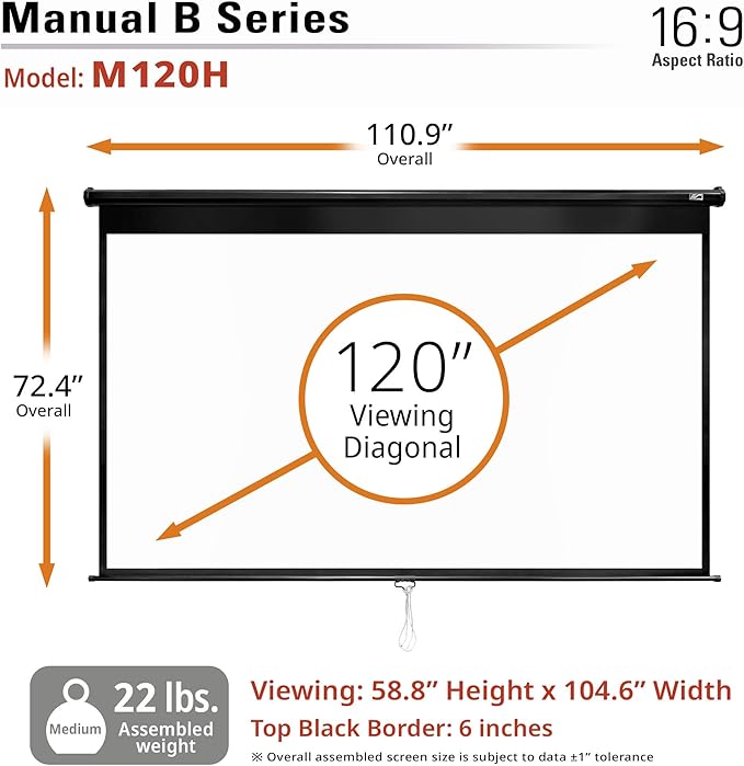 Elite Screens Manual Pull Down Projector Screen 120-INCH Home Movie Cinema Gaming Office Presentation, ISF Certified, Auto-Lock Mechanism, 4K / 8K 3D Ultra HDR HD Ready, M120H