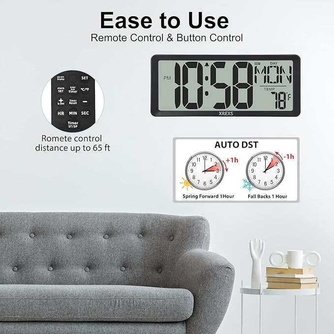 XREXS 14.17 Inch Digital Wall Clock with Remote (Battery Operated)- Backlight(Not Constantly Illuminated) | Count Down Timer | Displays Temp, Date & Week | Ideal for Home, Office, Classroom
