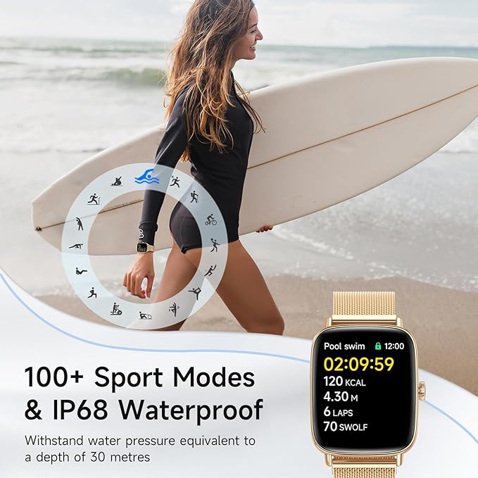 Smart Watch for Men Women, 1.85" HD Smartwatch Compatible iPhone/Samsung/Android (Answer/Make Calls), 100+ Sport Modes Fitness Tracker with Heart Rate/Sleep/SpO2 Monitor, IP68 Waterproof, Metal Band
