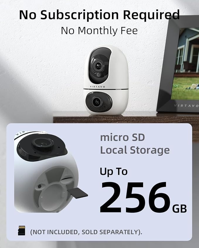 virtavo XD1 Indoor Pet & Baby Camera, No Subscription Required, Dual-Lens 360° PTZ, Motion Tracking, 2-Way Audio, Night Vision, Cloud/SD Storage, Phone App, WiFi, 2-Pack, Power Adapter Included