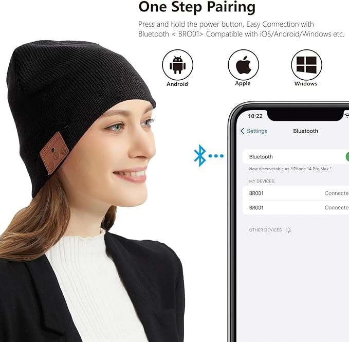 Merino Wool Bluetooth Beanie, HD Stereo,30 Hours Play Time,Built-in Microphone, Men's/Women's Christmas Electronic Gift (Black)