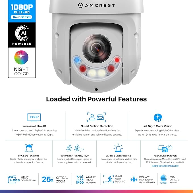 Amcrest 2MP Outdoor PTZ POE + IP Camera Pan Tilt Zoom (Optical 25x Motorized) Camera Security Speed Dome, CMOS Image Sensor, 328ft Night Vision, POE+ (802.3at) F1.6, IP66, IP2M-863EW-AI-V3