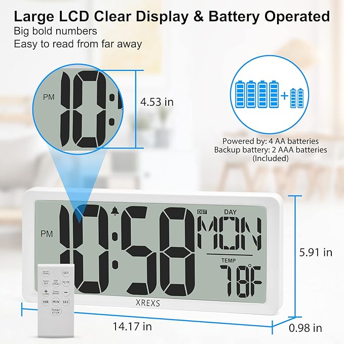 XREXS Digital Wall Clock with Backlight (Not Constantly Illuminated), 14.17 Inch Large Wall Clock with Remote Control, Count Down Timer, Battery Operated Digital Clock with Temperature, Date&Week