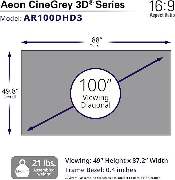 Elite Screens Aeon CineGrey 3D, 100" Fixed Frame CLR/ALR Projector Screen 16:9, Standard Throw Projection, Edge Free Ceiling & Ambient Light Rejecting, Wall-Mounted, for Movie Home Theater, AR100DHD3